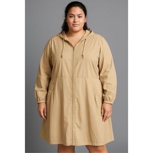 Eilly Bazar Tan Beige Zip Up Trench Coat With Hood Pockets Size 3X NWOT